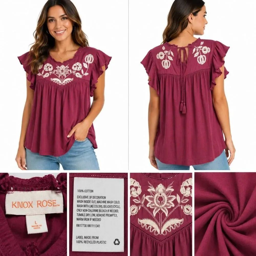 Knox Rose Embroidered Boho Top Burgundy Large Cotton